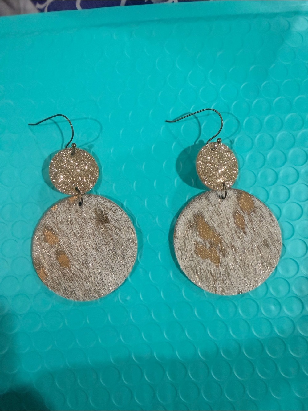 Accessorize Gold Glitter & Taupe Hair-on Leather Disc Drop Earrings